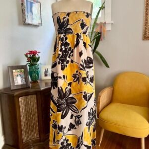 Vintage BCBG yellow and black floral 100% silk strapless maxi dress- XS - M